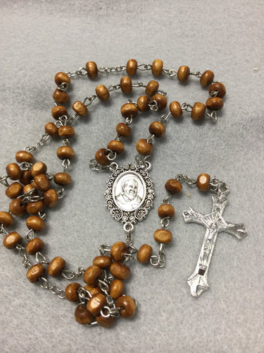 PADRE PIO BROWN WOOD BEAD ROSARY