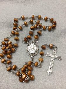 PADRE PIO BROWN WOOD BEAD ROSARY